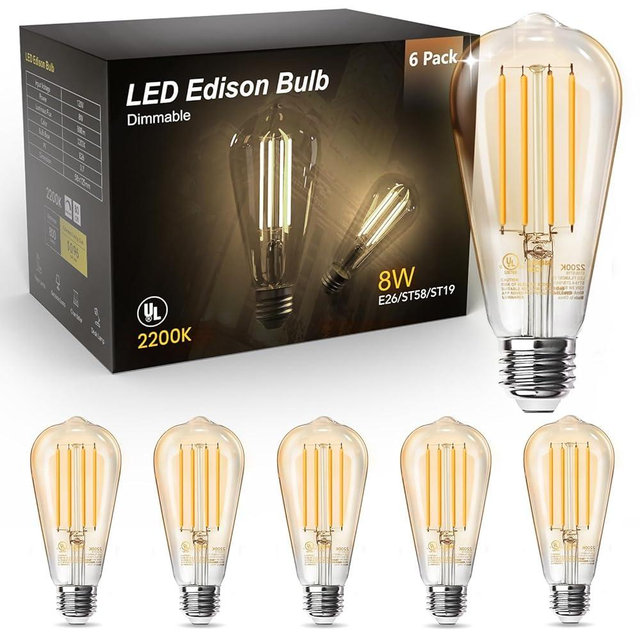 TJOY 6 Pack Vintage 8W ST58 LED Edison Amber Light Bulbs, 60W Equivalent, 800 Lumens, 2200K Soft White, Dimmable, E26 Base LED Filament Bulbs, CRI80+, Antique Glass Style for Home, Bedroom