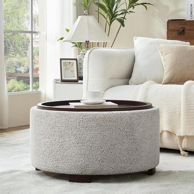 Zihanhome 30 Inch Round Storage Ottoman, Ottoman Coffee Table with Lift Off Lid, Boucle Modern Ottomans with Storage for Living Room, Bedroom, Apartments (White and Gray Striped)