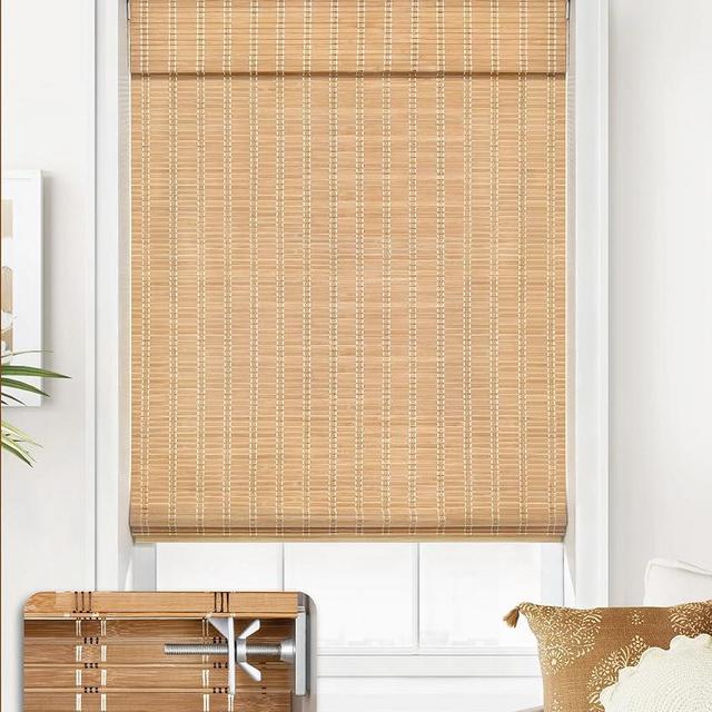 LazBlinds No Tools No Drill Cordless Bamboo Roman Shades, Light Filtering Window Treatment, Roll Up Bamboo Blinds for Window 22'' W x 64'' H, Brown