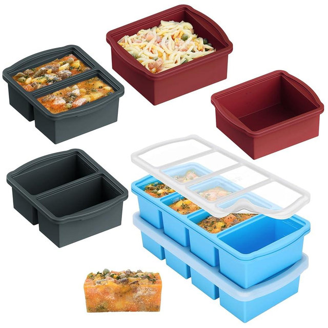 Silicone Freezer Trays with Lids, Set of 6 - with 1cup and 2 cup Silicone Freezer Molds for freezing soups, Large ice cube mold with reinforced steel ring, sauces and individual microwave safe