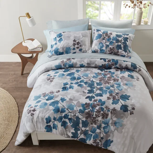 9Pcs Ultimate Touch BIAB Comforter Set, Botanical Pattern Trending Design Bedding Set with Matching Shams & Flat Sheet, Blue, Queen