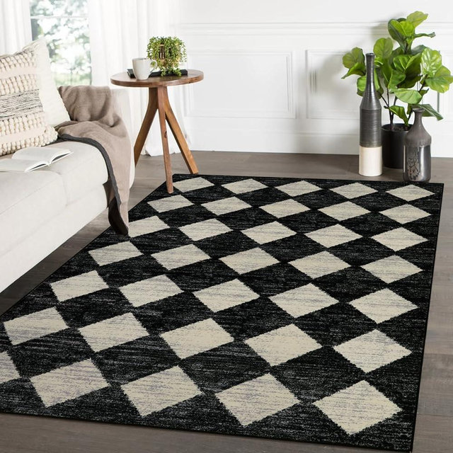 Lahome Machine Washable Area Rug 6x9, Soft Large Bedroom Rug Non Slip Living Room Rugs Dining Room Rugs for Under Table, Moroccan Trellis Printed Black and White Indoor Carpet for Den Dorm Playroom