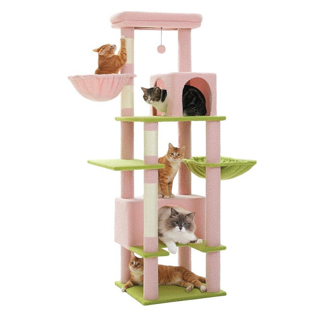PEQULTI 66" Pink Cat Tree for Indoor Cats Large Adult, Cat Tower with Sisal-Covered Scratching Post, Super Large Metal Hammock[20''X12''] and 2 Big Condos, Pink