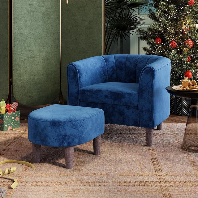 LINSY Accent Chair with Ottoman, Modern Armchair Comfy Barrel Reading Chair with Footrest for Living Room Bedroom Reading Room, Velvet, Blue