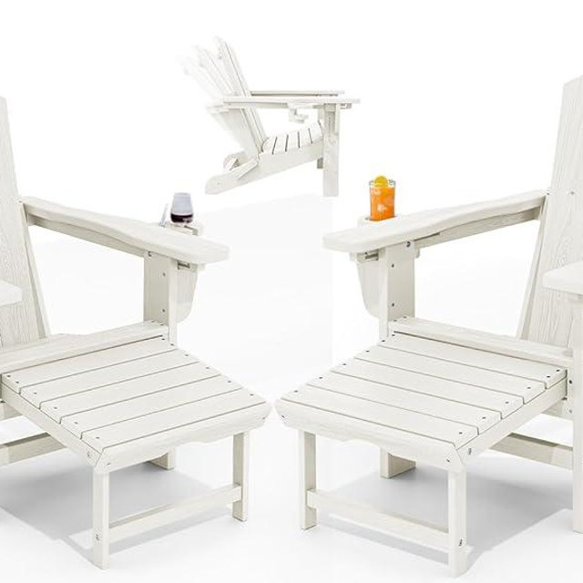 KINGYES Folding Adjustable Adirondack Chair with Ottoman & 2 Cup Holders Set of 2, HDPE Adirondack Recliner Chair with Footrest, White