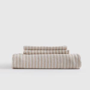 European Linen Fitted Sheet Set in Natural/White Stripe - Queen, Without Flat Sheet