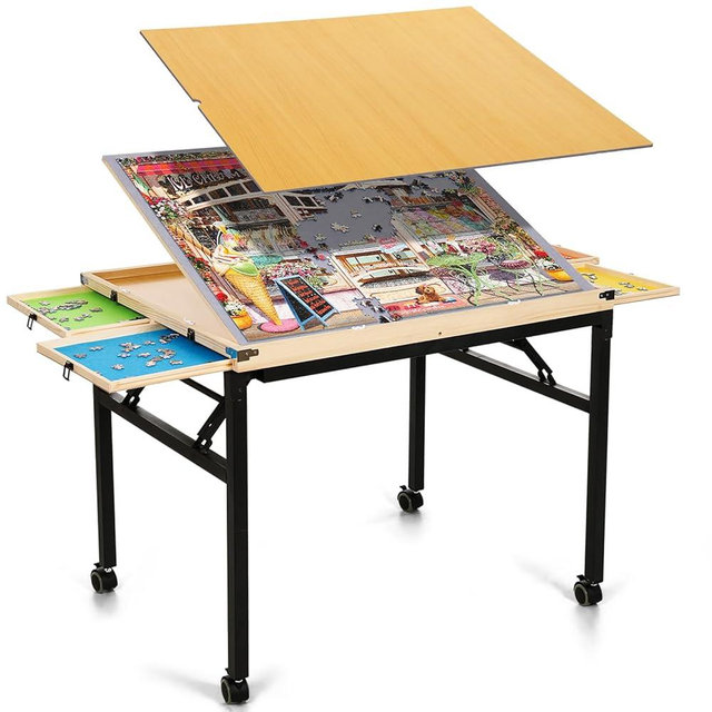 Puzzle Table with Drawers and Folding Metal Legs No Assembly Required 1500 Pieces Jigsaw Puzzle Table with Cover 3-Tilting-Angle Portable Wooden Jigsaw Puzzle Board Easy to Move Gift for Mom