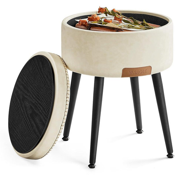 VASAGLE EKHO Collection - Storage Ottoman, Vanity Chair Stool, Synthetic Leather with Stitching, Mid-Century Modern, Round Storage Seat with Steel Legs, Loads 330 lb, Cream White ULOM005W01