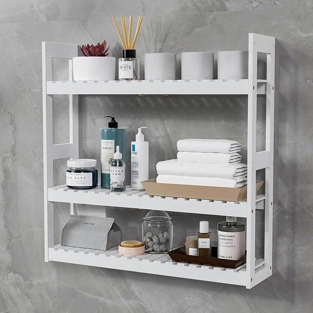 Domax Bathroom Shelves Over The Toilet Storage Shelf - 3 Tier Wall Mount Bamboo Bathroom Shelf Organizer Multifunctional Adjustable Layer Free Standing Utility Shelves for Bathroom Living Room Kitchen
