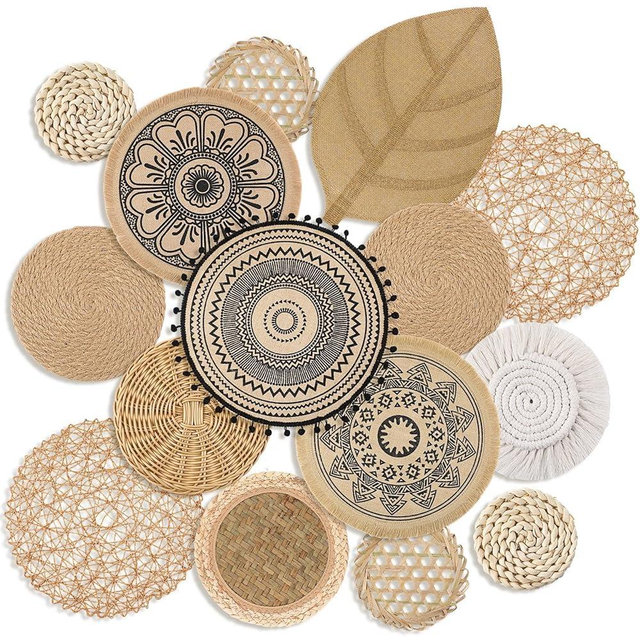 Anglechic 15 Pcs Boho Wall Basket Decor Brown Woven Rattan Seagrass Decor Hanging Rustic Farmhouse Western Wall Art Decoration for Nursery Living Room Bedroom Home Kitchen