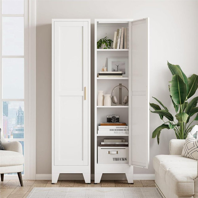 XIOMIOHTRQ 67" Tall Narrow Storage Cabinet, Metal Slim Bathroom Cabinet, Single Door Freestanding Floor Cabinets with 4 Adjustable Shelves for Laundry, Kitchen Pantry, Living Room