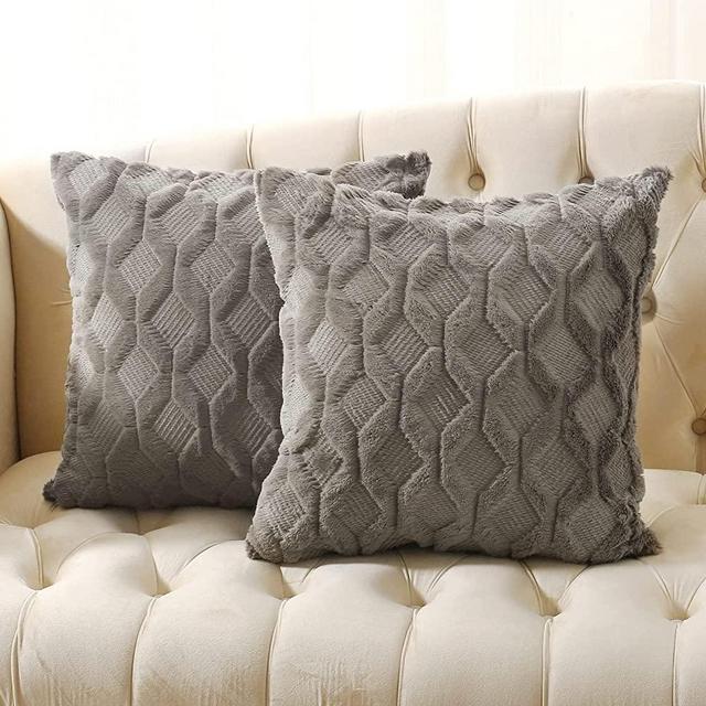Volcanics Pack of 2 Faux Wool Throw Pillow Covers 20x20 Inches Decorative Farmhouse Velvet Couch Pillow Case Soft Plush Square Boho Cushion Pillowcase, Dark Grey