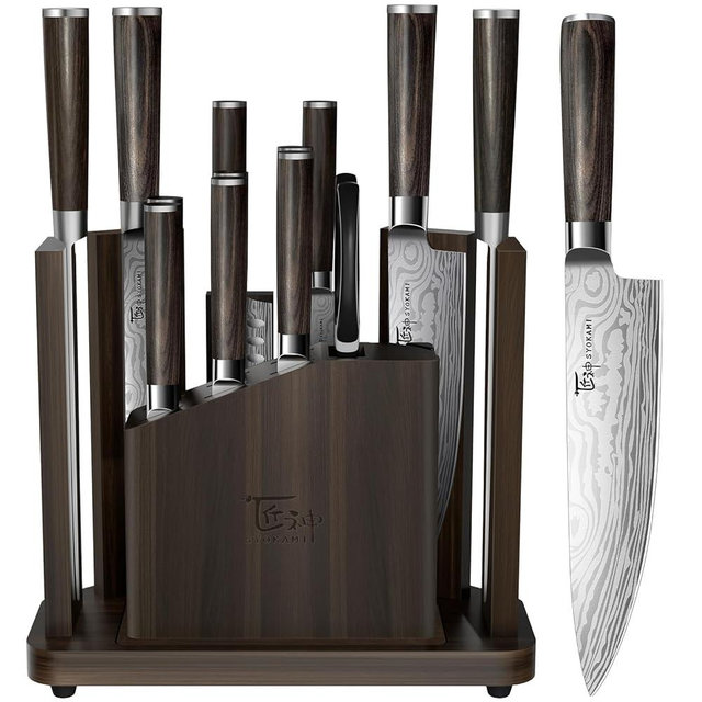 SYOKAMI 15-Piece Kitchen Knife Set with Magnetic Block, Detachable Steak Knife Block for Table Service, Built-In Sharpener, Japanese Inspired, Wood Handle, Damascus Pattern, Housewarming Gifts