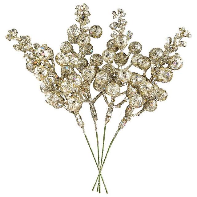 DearHouse 14 Pack Christmas Glitter Berries Stems, 7.7 Inch Champagne Artificial Christmas Picks for Christmas Tree Ornaments, DIY Xmas Wreath, Crafts, Holiday and Home Decor