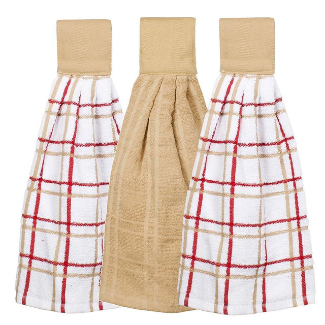 Ritz Premium 100% Cotton Solid and Multi Check Kitchen Tie Towel Absorbent, Super Soft, and Fast Drying Hang Towel, Set of Three, Biscotti