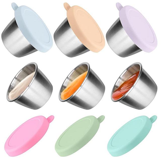 Homotte Salad Dressing Container to Go, 6x2.4 oz Small Containers with Lids, Reusable Sauce Containers for Lunch Box, 18/8 Stainless Steel Condiment Cup, Easy to Open, Leakproof Dipping Sauce Cups