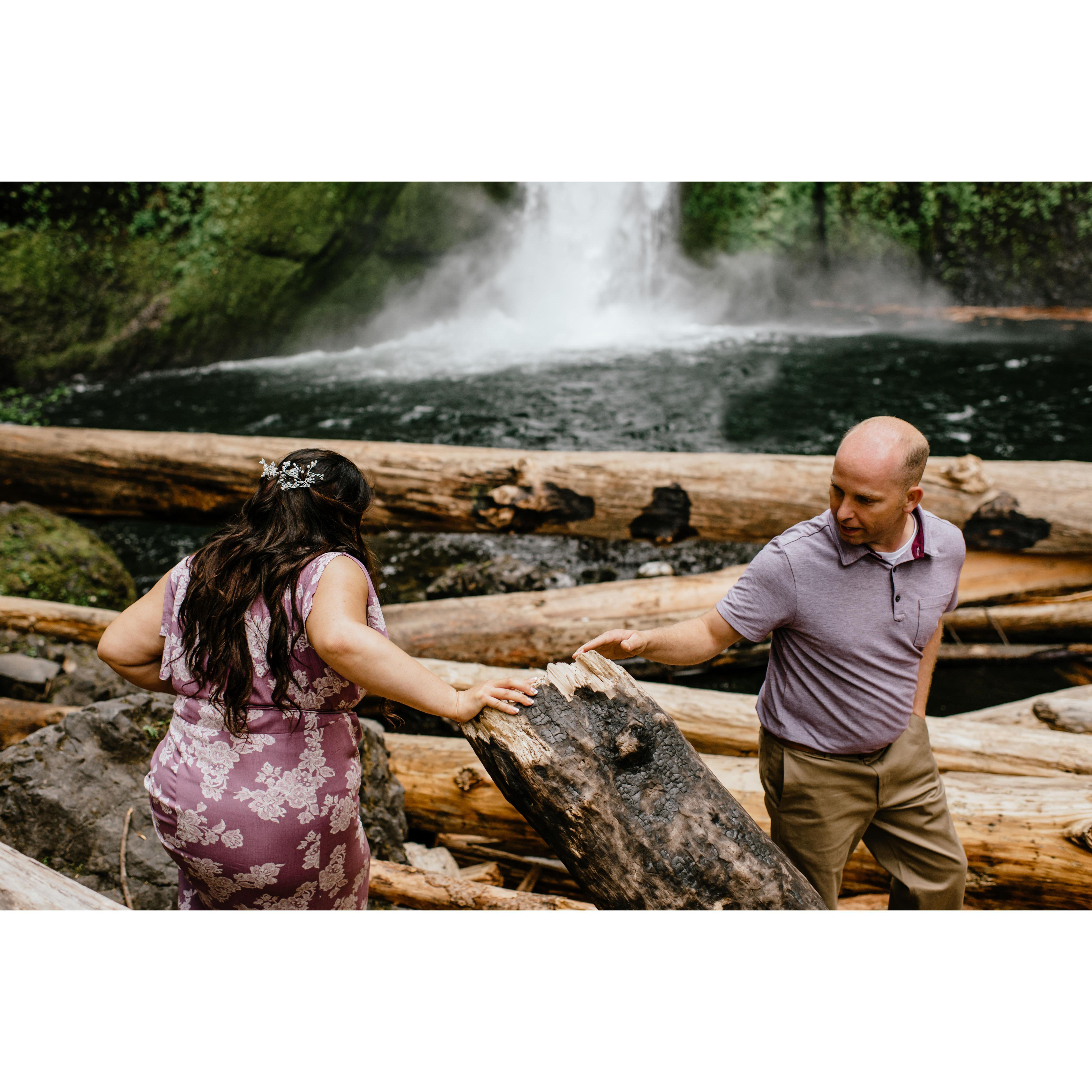 We had fun at our engagement shoot hiking and crawling over logs.