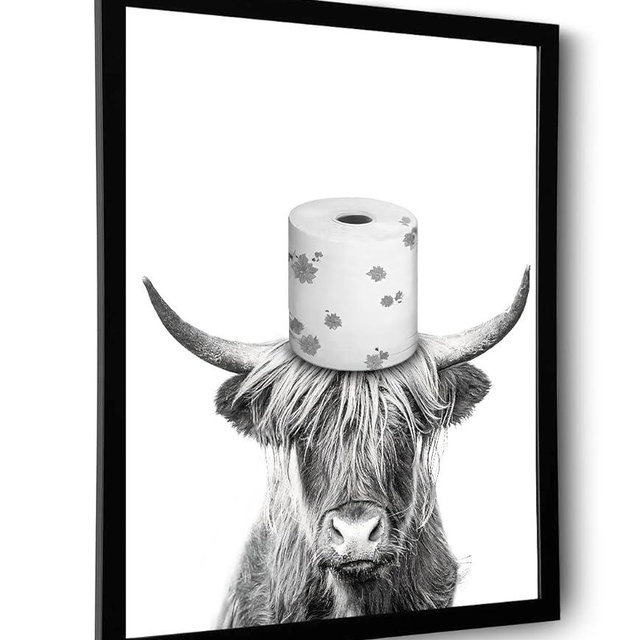 Black and White Highland Cow Wall Art, Framed Funny Bathroom Wall Decor, Cute Highland Cow Canvas Print, Funny Kid's Room Decor Wall Art (Framed,8''x10'')