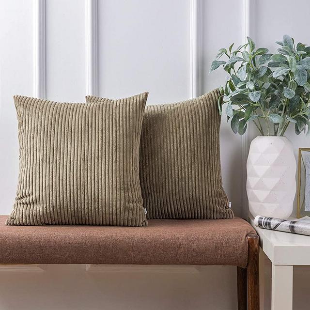 Ashler Pack of 2 Corduroy Soft Velvet Striped Solid Square Throw Pillow Covers Cushion Cases 18 x 18 inch Army Green