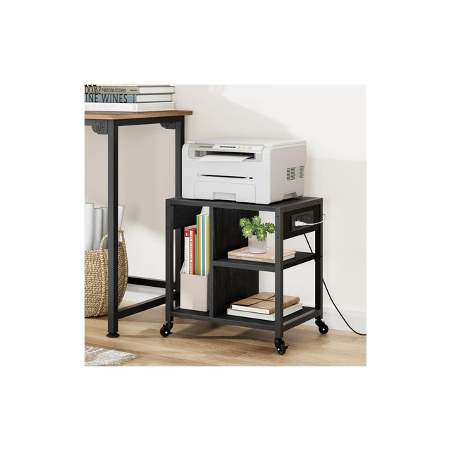 Garvee Printer Stand with Charging Station, Home Office Desktop Printer Stand, Under Desk Printer Table, Side Table for Small Space, Black