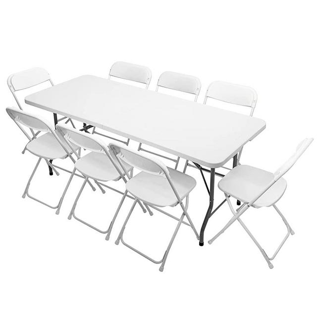 VINGLI 6 FT Plastic Folding Table Set with 8 White Folding Chairs for Picnic, Event, Training, Outdoor Activities, at Home and Commercial Use