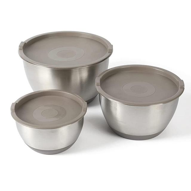 MARTHA STEWART Rhinewell Mirror Polish 6 Piece Stainless Steel Mixing Bowls with Lid and Non-Slip Base - Grey