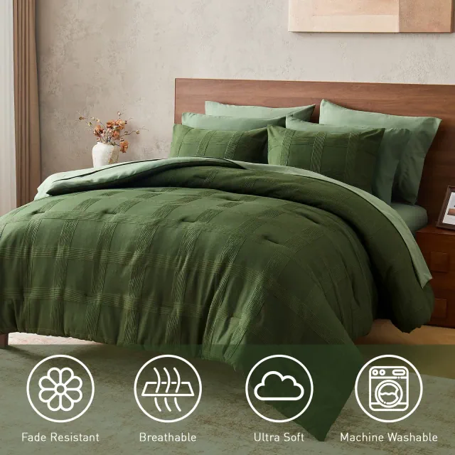 9Pcs BIAB Woven Stripe Texture Comforter Set, Premium Touch Solid Color Bed Set with Matching Shams and Sheets, Green, King