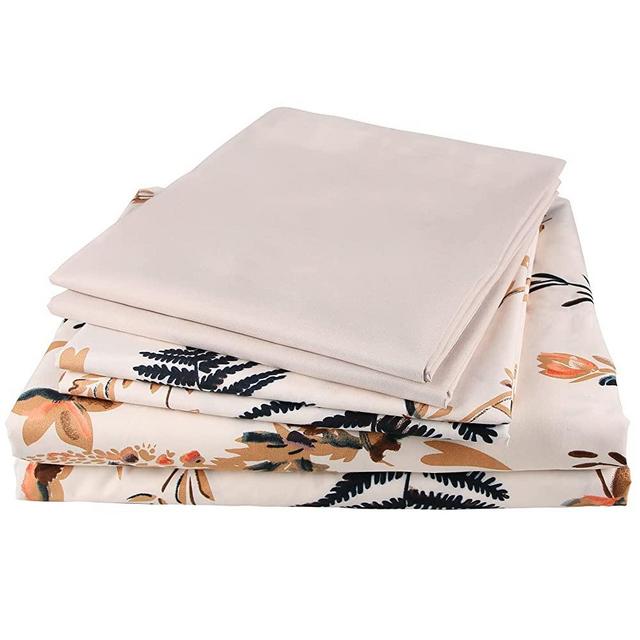 JSD 6 Pieces Fern Floral Printed Sheet Set King, Soft Microfiber Boho Pattern Bedding Sheet Set 15" Extra Deep Pocket 1 Fitted Sheet 1 Flat Sheet 4 Pillowcases