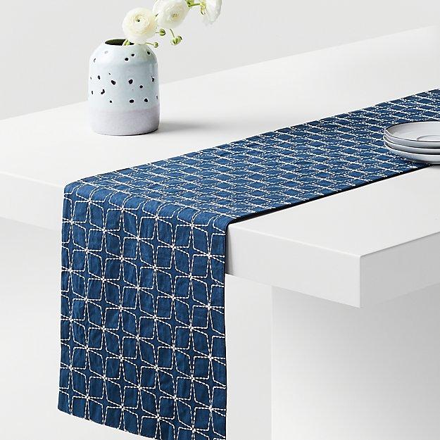Nara 120" Embroidered Blue-and-White Table Runner