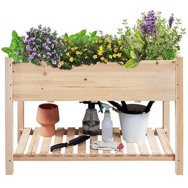 Yaheetech 47x23x32in 2 Tiers Wooden Raised Garden Bed with Legs & Storage Shelf Wooden Elevated Planter Box Vegetable Growing Bed for Flower/Herb/Backyard/Patio/Balcony