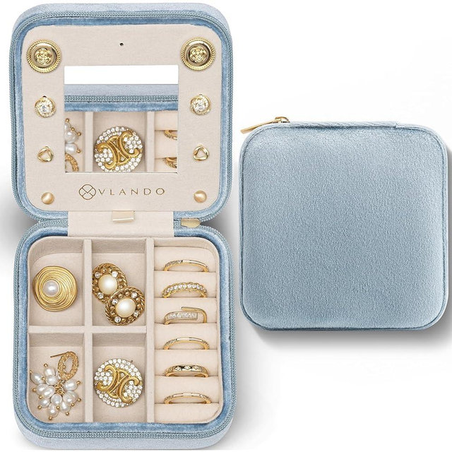 Vlando Velvet Travel Jewelry Case, Jewelry Travel Box for Women, Travel Jewelry Organizer, Small, Portable Jewelry Boxes with Mirror - Blue