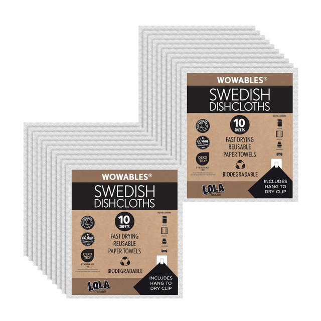LOLA Swedish Dishcloths 20 Pk Biodegradable Reusable Paper Towels Absorbent Cellulose Kitchen Sponge Cloths Zero Waste Odor Free, Made in Germany