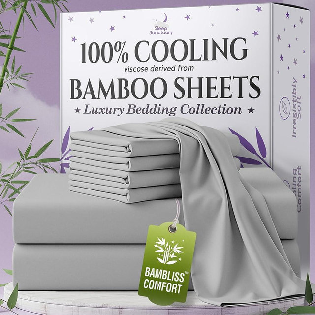 SLEEP SANCTUARY 100% Viscose Derived from Bamboo Sheets King Size 6pcs – BamBliss Luxury Cooling Sheets for Hot Sleepers - Cloud Soft, 17" Deep Pocket, Ultra Durable Bed Set (Light Grey)