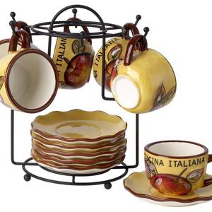 Cucina Italiana Ceramic Double Shot Espresso 13 Piece Set with Rack, Fruit Print