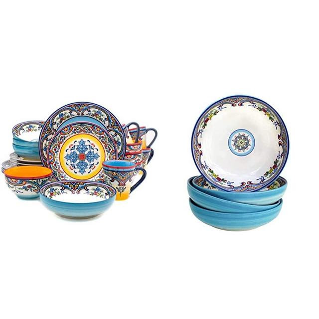 Euro Ceramica Zanzibar Collection 20 Piece Dinnerware Set, For 4, Spanish Floral Design, Multicolor & Ceramica Zanzibar Collection Pasta Bowls, Set of 4, Spanish Floral Design, Multicolor Blue
