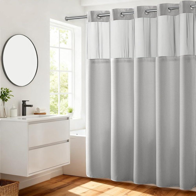 River Dream No Hooks Required Dotted Light Grey Shower Curtain with Snap in Liner - 71" W x 74" H,Hotel Grade,Spa Like Bath Curtain