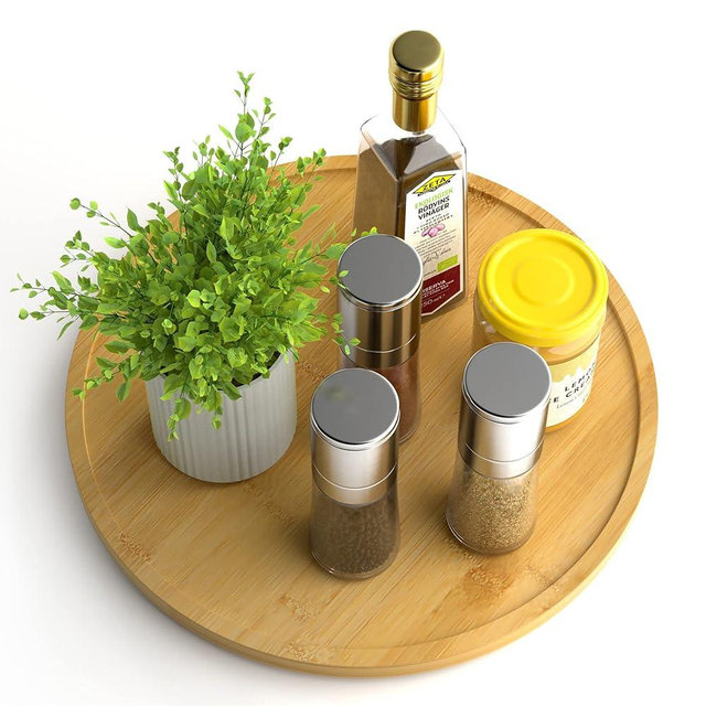 Lazy Susan Organizer Homerays 12 Inch Non-Skid Bamboo Lazy Susan for Kitchen Rotating Spice Rack for Kitchen Cabinet, Wood Turntable for Kitchen Countertop Organizer
