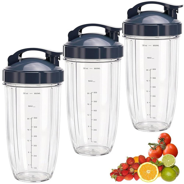 [UPGRADE] 3-pack 32oz Replacement Blender Cups with Flip-Top To-Go-Lid Compatible with NutriBullet 600w/900w Blender