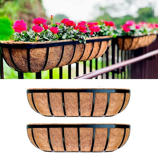 LaLaGreen Deck Railing Planter Boxes - 24 Inch, 2 Pack Wall Planters for Outdoor Plants, Window Flower Boxes Deck Railings with Coco Liners Metal Horse Troughs Fence Balcony Patio Porch Over Rail