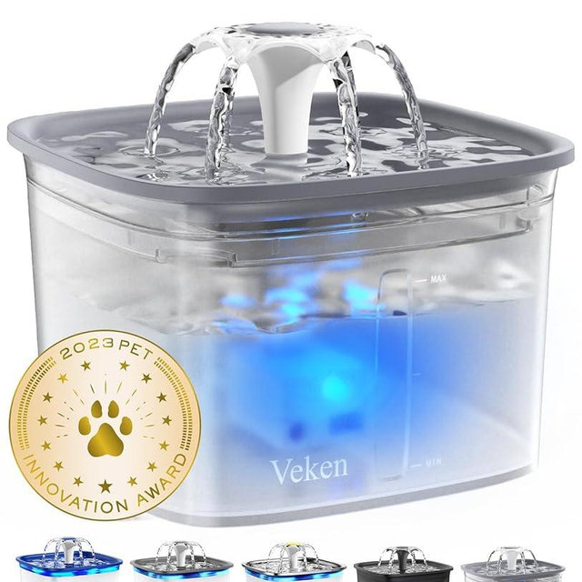 Veken Innovation Award Winner 95oz/2.8L Pet Fountain, Automatic Cat Water Fountain Dog Water Dispenser with Replacement Filters for Cats, Dogs, Multiple Pets (Transparent Grey, Plastic)