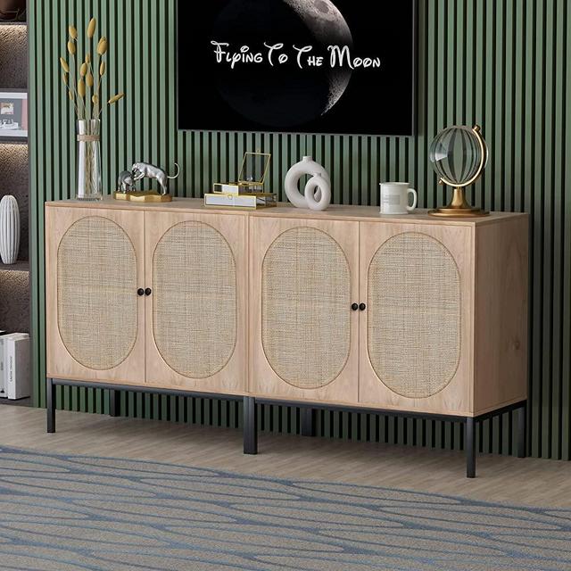 Yechen Storage Cabinet with 2 Handmade Natural Rattan Doors, Console Table Sideboard Buffet Cabinet with Storage, for Living Room, Dining Room, Entryway, Kitchen, Nature(2 Pieces 1 Package)