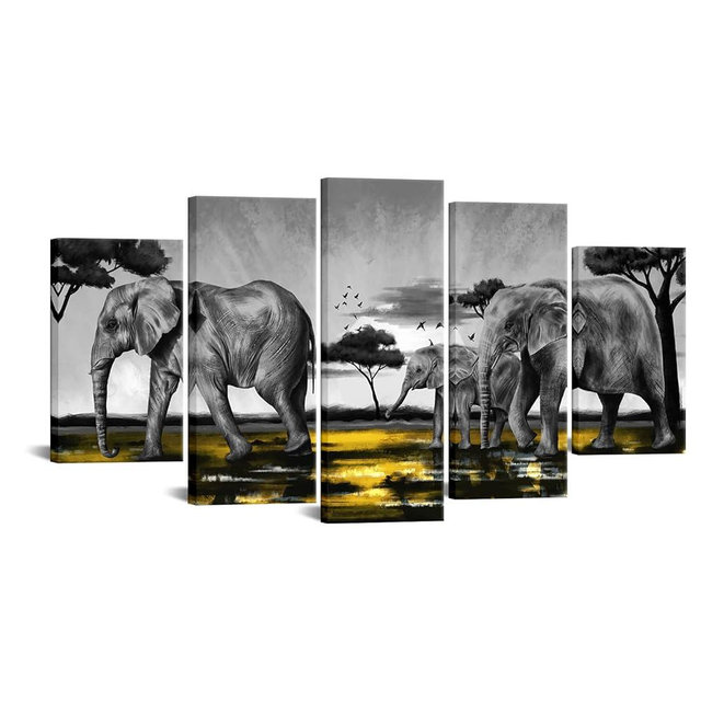 Nachic Wall - Elephant Canvas Wall Art African Animal Paintings Prints for Home Living Room Decor Large 5 Piece Picture Artwork