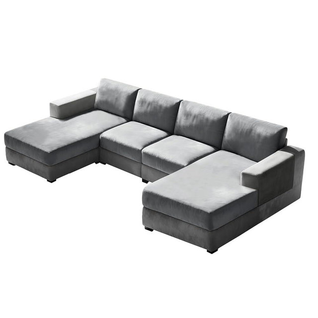 10 Pieces Sofa Cushion Covers for U-Shaped Modular Sectional Couch with 4 Seat+4 Back+2 Arms, Stretch Velvet Upholstered Covers for Sofa Bed with Deep Double Chaise (Light gray,Universal (10 Pieces))