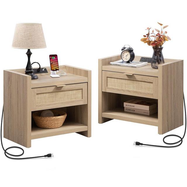 SICOTAS Rattan Nightstands Set of 2 Bedside Table - Boho Night Stand with Type-C Charging Station, Wicker Decor Drawer Storage End Table Night Stands for Bedroom - Light Oak