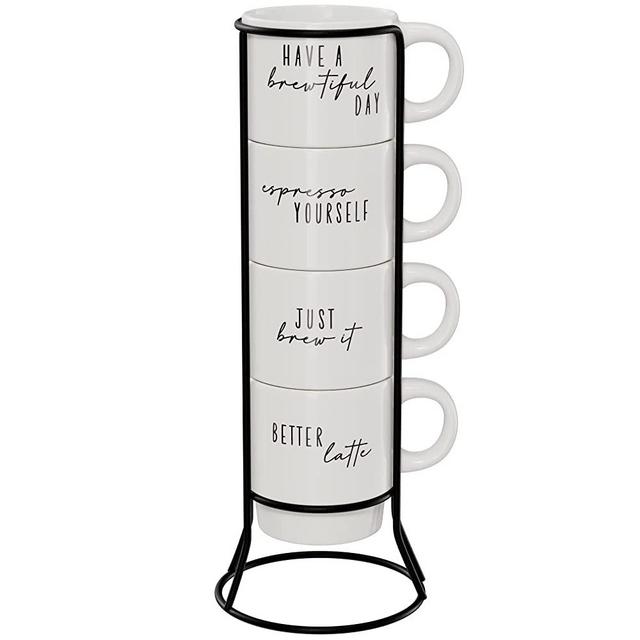 American Atelier Coffee Mug Set with Coffee Mug Rack | Coffee Mugs Set of 4 | Stackable Coffee Mugs with Rack | Coffee Cup Set with Coffee Cup Rack | Have a Brewtiful Day Print | Ceramic Mug | 14oz Capacity