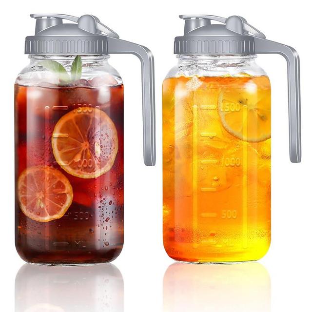 Wide Mouth Mason Jars 64 oz with Pour Spout Lids, SNGKMSYG 2 Quart Glass Pitcher with Lid, Double Leak Proof Breast Milk Pitcher for Fridge, Coffee, Water, Iced Tea (Gray, 64oz, 2 Pack)