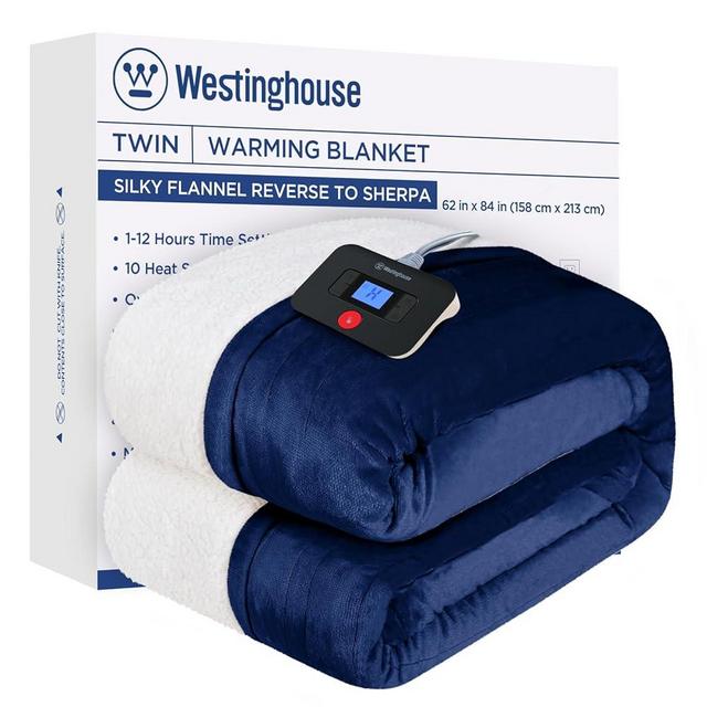 Westinghouse Electric Blanket Twin, Heated Blanket Twin Size with 10 Heating Levels and 1 to 12 Hours Heating Time Settings, Flannel to Sherpa Reversible, Machine Washable (62" x 84", Navy)