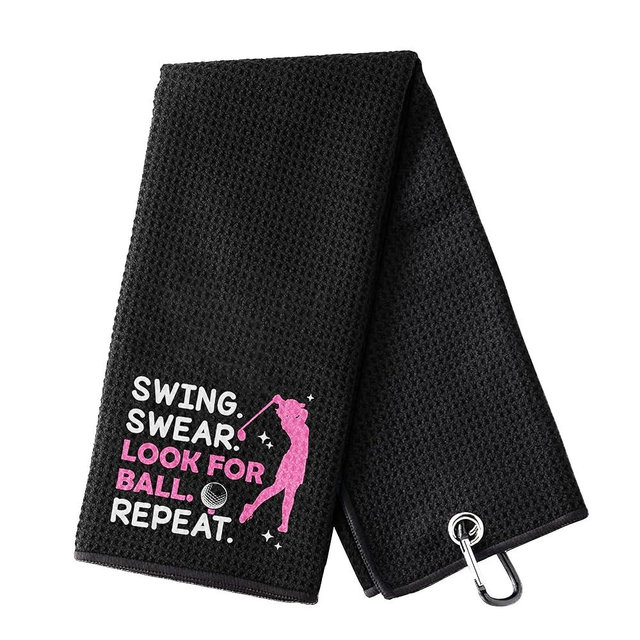 HEIFAM Swing Swear Look for Embroidered Pink Golf Towel with Carabiner Clip Microfiber, Funny Golf Towels for Golf Bags for Grandma Mom Sister, Retirement Gift for Golfers, Black, 16"X23"