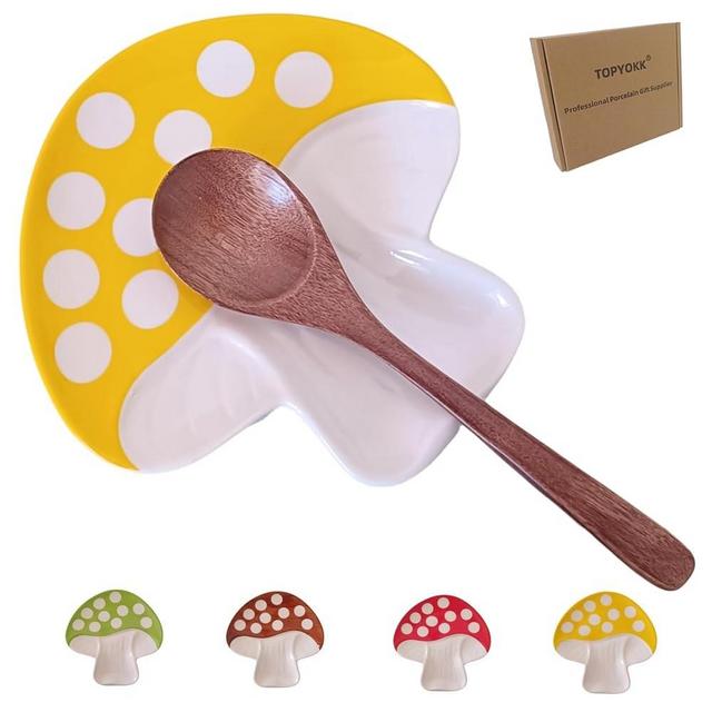 Ceramic Spoon Rest for Stove Top, Mushroom Cute Spoon Rest for Kitchen Counter, Cooking Spoon Holder for Kitchen Counter, Utensil Rest Spatula Rest Ladle Holder Tong Rest (Yellow)