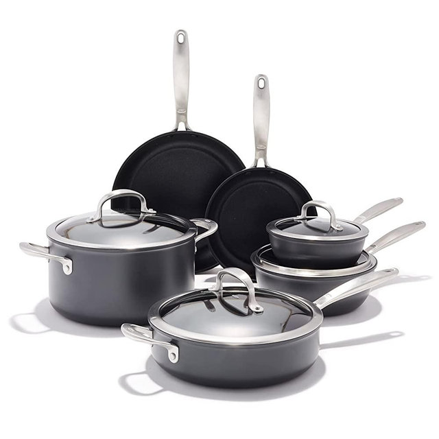 OXO Good Grips Pro Hard Anodized PFOA-Free Nonstick, 10 Piece Cookware Pots and Pans Set, Stainless Steel Handle, Dishwasher Safe, Oven Safe, Black